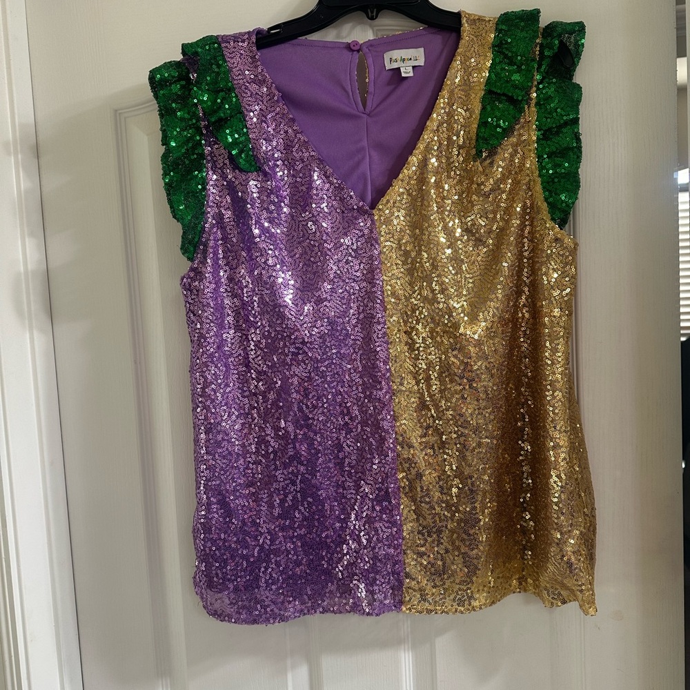 Elegant Mardi Gras Sequin V-Neck Blouse - Purple, Gold, and Green
